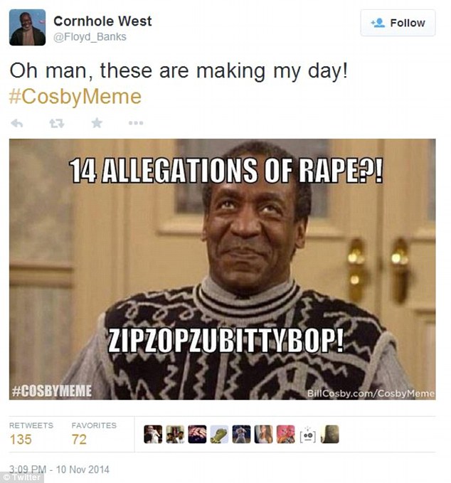 Backfire: On Monday, Cosby invited fans to create memes using a selection of photos of him. However, the idea majorly backfired - his Twitter feed was inundated with memes that referenced the rape claims (pictured)
