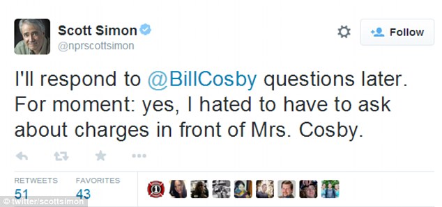 Spiraling: Attorney's statement comes one day after Cosby went silent and shook his head when confronted  with questions about the sex-abuse allegations by NPR host Scott Simon. Simon, a father of two, later took to Twitter (pictured) to remark on his broaching of the allegations, which seemingly had not been agreed to as a potential topic of conversation prior to the interview