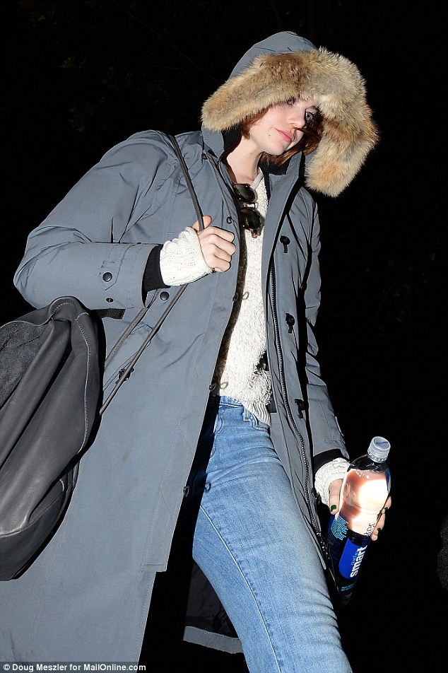 Low profile: Emma Stone left the memorial which she attended between runs of hit Broadway show Chicago