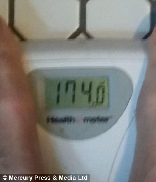 'The most dramatic change was in weight: twenty three pounds of gain over thirty days,' Mr Prior said. His weight is pictured rising throughout the experiment (left). After a month he weighed almost 14 stone (right)