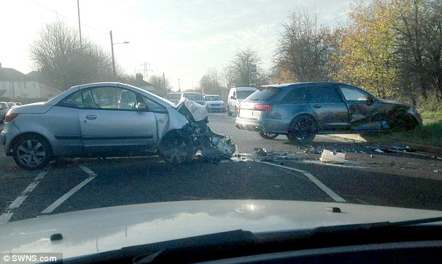 Pictures have emerged of the aftermath of David Beckham's road accident on Saturday, which happened after the former footballer picked up his son, Brooklyn, from an Arsenal under-16s match north of London