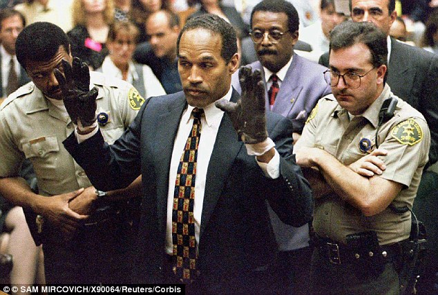 O.J. Simpson holds up his hands to the jury wearing the infamous gloves found at the crime scene and his home in this June 15, 1995 file photo