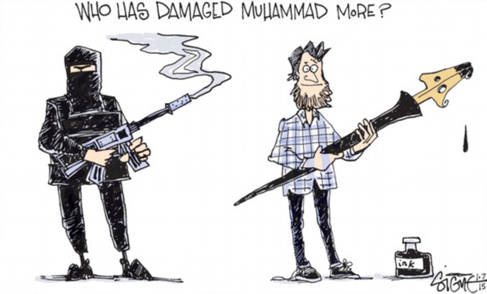 Female cartoonist Signe Wilkinson, best known for her work at the Philadelphia Daily News, asks 'Who has damaged Muhammad more?'