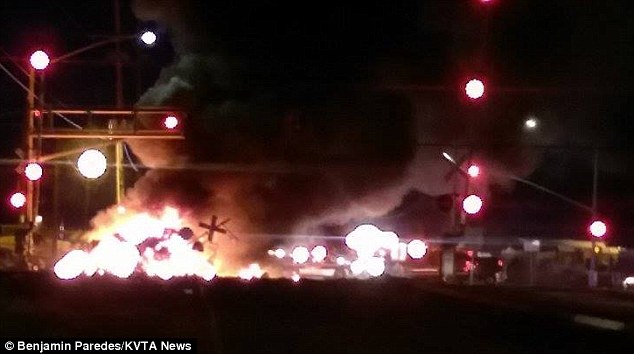 A fiery collision engulfed a tractor-trailer which was hit by a Metrolink commuter train in the early hours of Tuesday in Ventura County, California