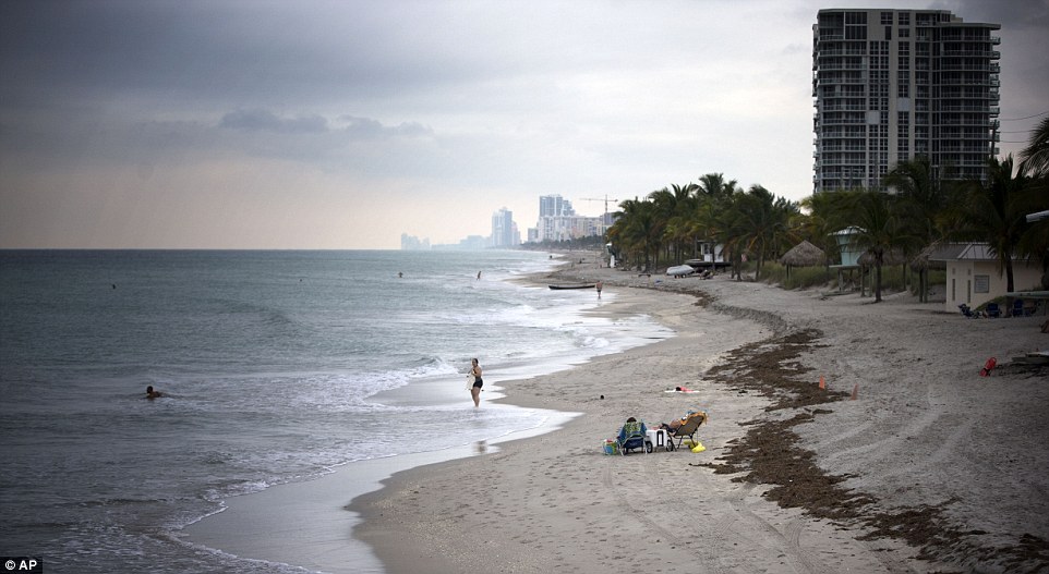 Surf's not up: Even on the sands of Dania Beach, Florida, the chilly weather kept all but a hardy few out of the sea