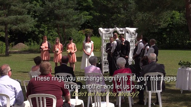 He also forgets his place in his book as he repeats lines to the bemused couple