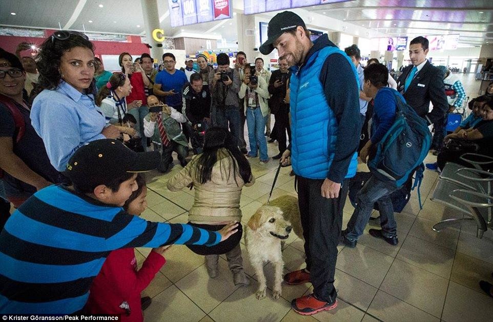 Attention: The team let passengers stroke Arthur as he wondered around the airport terminal before their flight back to Sweden