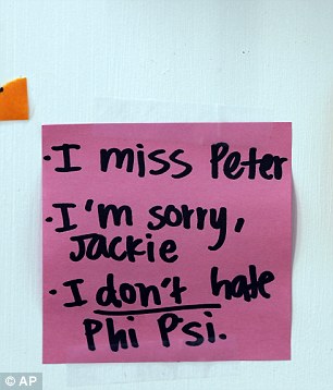 A posting on the door of Peabody Hall related to the Phi Kappa Psi gang rape allegations at the University of Virginia in Charlottesville on Monday, as well as, ostensibly, to Peter D'Agostino