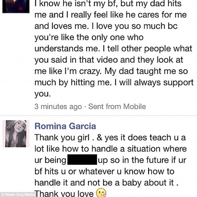 Another user said that her Dad hit her 'but her cares for me and loves me' to which Ms Garcia replied 'yes it does teach you a lot like how to handle a situation and not be a baby about it' 