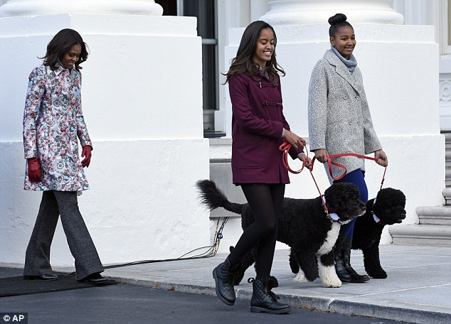 Girls day: President Obama was not able to join as the First Lady and Sasha and Malia took their new tree to the Blue Room