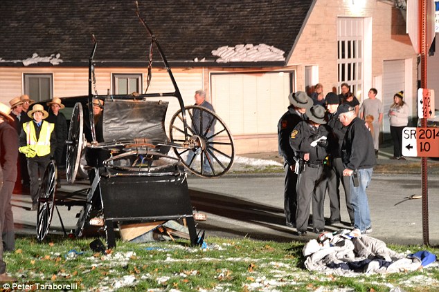 Wreckage: Locals look at the mangled wreck left after an SUV slammed into the horse-drawn buggy
