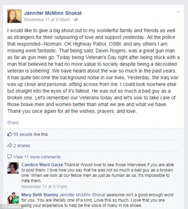 Facebook: In the Facebook post above, posted just one day after the incident, McMinn-Shokat said Rogers was 'a great gunman as far as gunmen go'