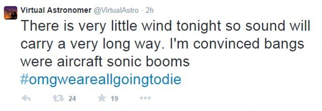 Many of the reports were picked up by Twitter user Virtual Astronomer (pictured), who said space debris re-entering the earth's atmosphere could have been responsible. He also said he was convinced the noises were created by aircraft sonic booms