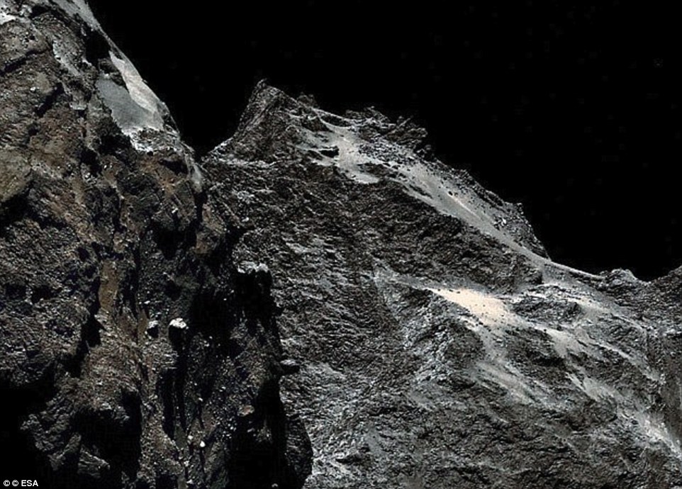 'Darker than coal: In September, the Alice instrument on Rosetta mapped the comet's surface, recording the first far-ultraviolet light spectra of the comet's surface.From the data, the Alice team said the comet is unusually dark - darker than charcoal-black - when viewed in ultraviolet wavelengths. Pictured is an artist's impression of what they believed it may look like
