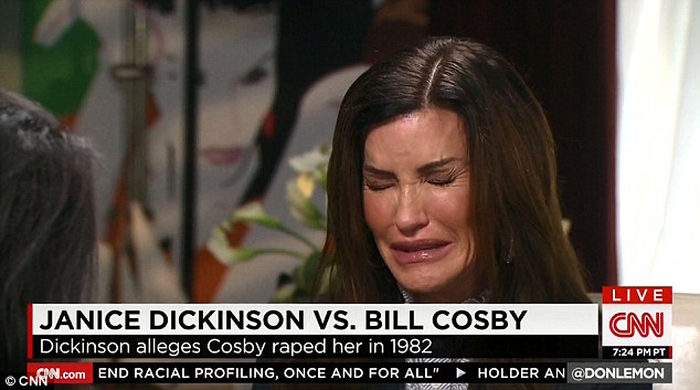 Tears: Dickinson, 59, broke down during the CNN interview, where she said Cosby had given her a pill which made her black out, and that she woke up after he raped her