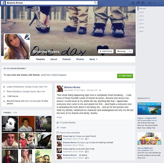 Speaking out: Miss Rivera posted a message on her real Facebook page to clear the air about the ordeal 