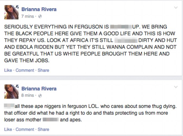 Fanning the flames: The jilted boyfriend wrote a pair of abhorrent, racially charged messages in Rivera's name commenting on the situation in Ferguson, Missouri 