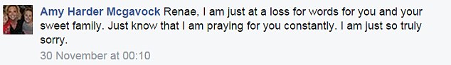 'I am at a loss for words': Amy Harder McGavock added: 'Just know that I am praying for you constantly'