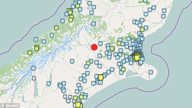 This map shows the location of the quake in red, 35km north of the Canterbury town of Methven, along with some of the places the jolt was felt 