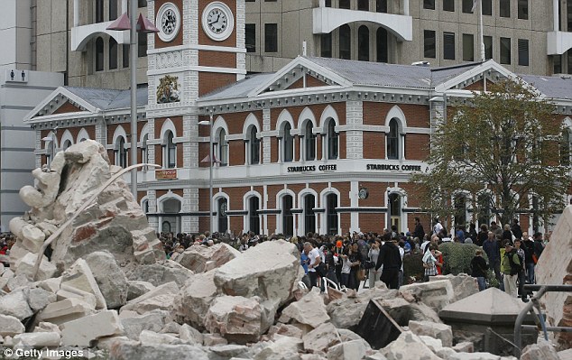 Crowds gathered in Cathedral Square in central Christchurch after the 6.3 earthquake on February 22, 2011