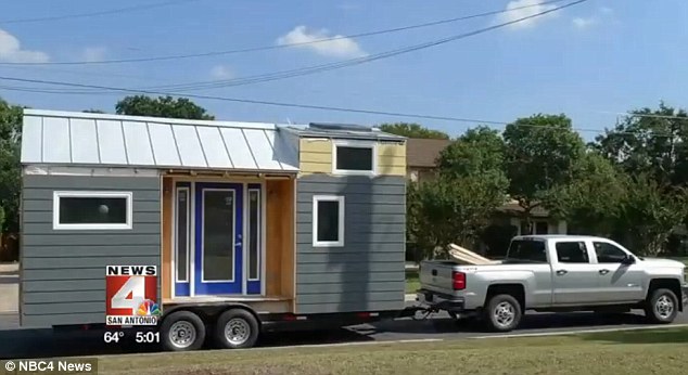 Love's labor lost: The tiny home, pictured, was dragged off by thieves who have yet to be identified - but was found just under two weeks later