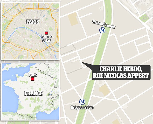 LocationL Officers were involved in a gunfight with the men, who escaped in a hijacked car and sped away from the 15th arrondissement office, towards east Paris.