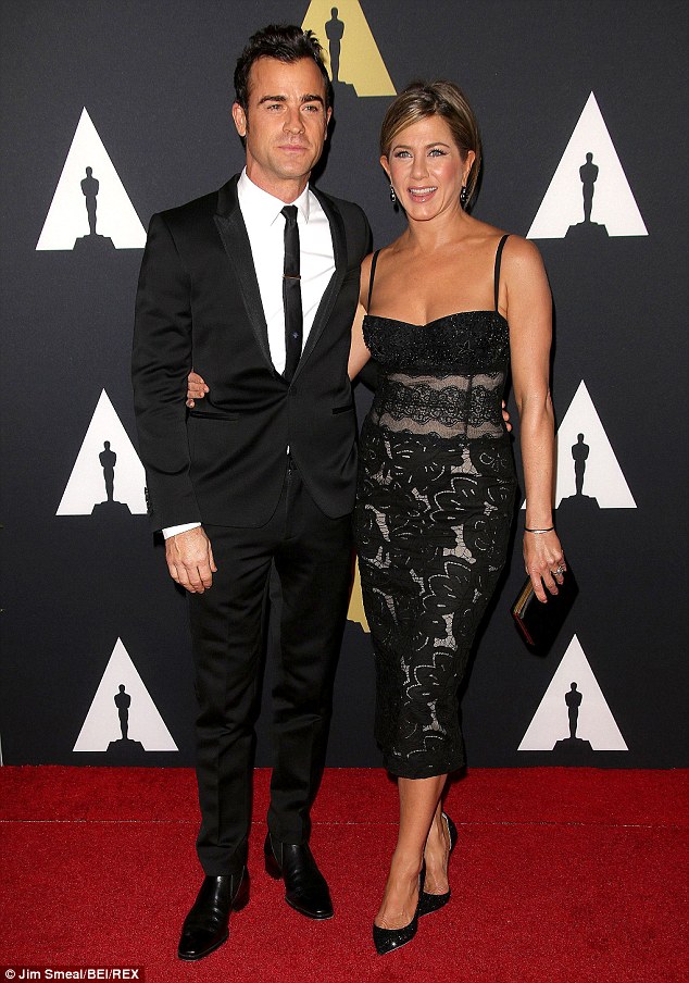 New man: Jen is currently planning her wedding to boyfriend of three years Justin Theroux. The couple pictured above at the Governors Awards in Los Angeles on November 8, 2014