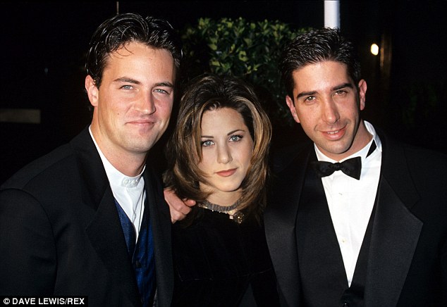 'He was my first love—five years we were together,' Aniston told the New York Times. 'He would have been the one. But I was 25, and I was stupid. He must have sent me Justin to make up for it all.' Pictured above with Friends castmates Matthew Perry (left) and David Schwimmer (right) in 1995, a year after she broke it off with McDonald 