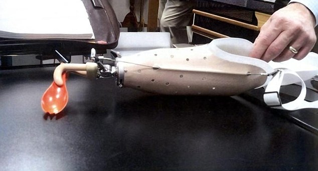 This picture of the prosthetic spork used by Abu Hamza in the detention center is part of an argument by his lawyers that he should serve his time in a prison medical facility - he will be sentenced later today 