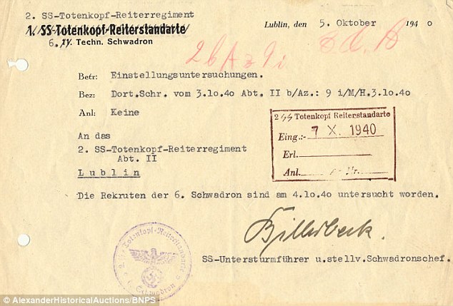 An SS document, stating that recruits have been examined, is also up for auction with a guide price of $150