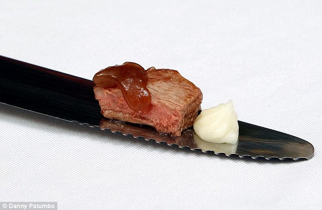 Hope you're hungry! Abbrev's menu includes a number of minuscule meals, like this steak and potato dish which is served on the blade of a knife
