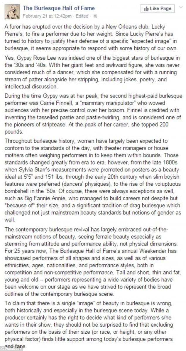 Joining in: The Burlesque Hall of Fame commented on Facebook about the controversy in the burlesque community