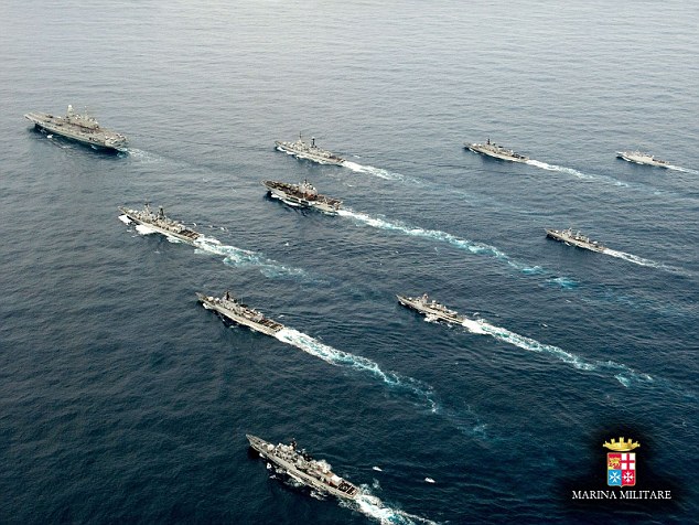 The promient campaign, displayed all over the country, also shows Italian warships travelling through water