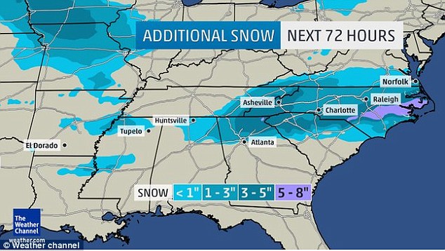 Totals: Snow could fall in all the above locations by Thursday - leaving Florida potentially the only U.S. state with no snow at all